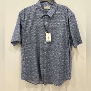 NWT COASTAORO Mens Short Sleeve Button Down Blue Geometric Shirt 100% Cotton